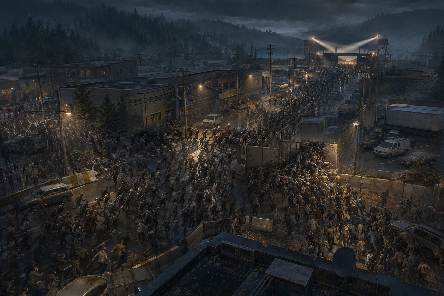 Cinematic concept-art drawing of massive infected streams converging through a forest town and checkpoint