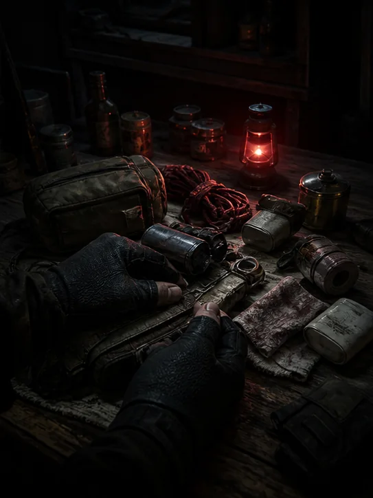 Scavenged survival equipment being sorted at a dark workbench