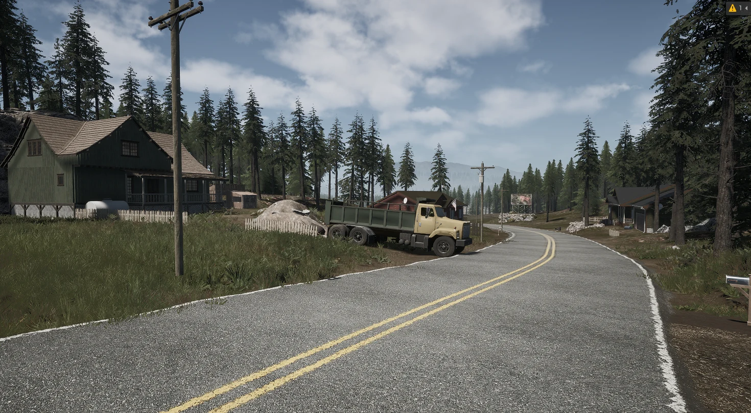 A curved rural road passing timber houses, tall conifers and a parked dump truck in Noctura